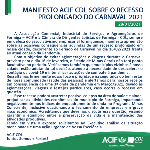 MANIFESTO ACIF CDL SOBRE O RECESSO PROLONGADO DO CARNAVAL 2021